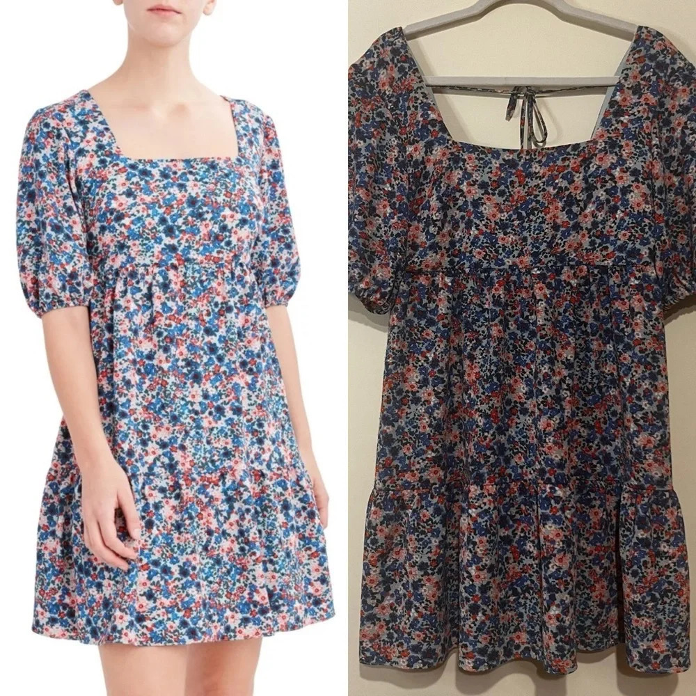 BCBG PARIS Floral Cottagecore Boho Puff Sleeve Textured Ruffle Hem Mini Dress
